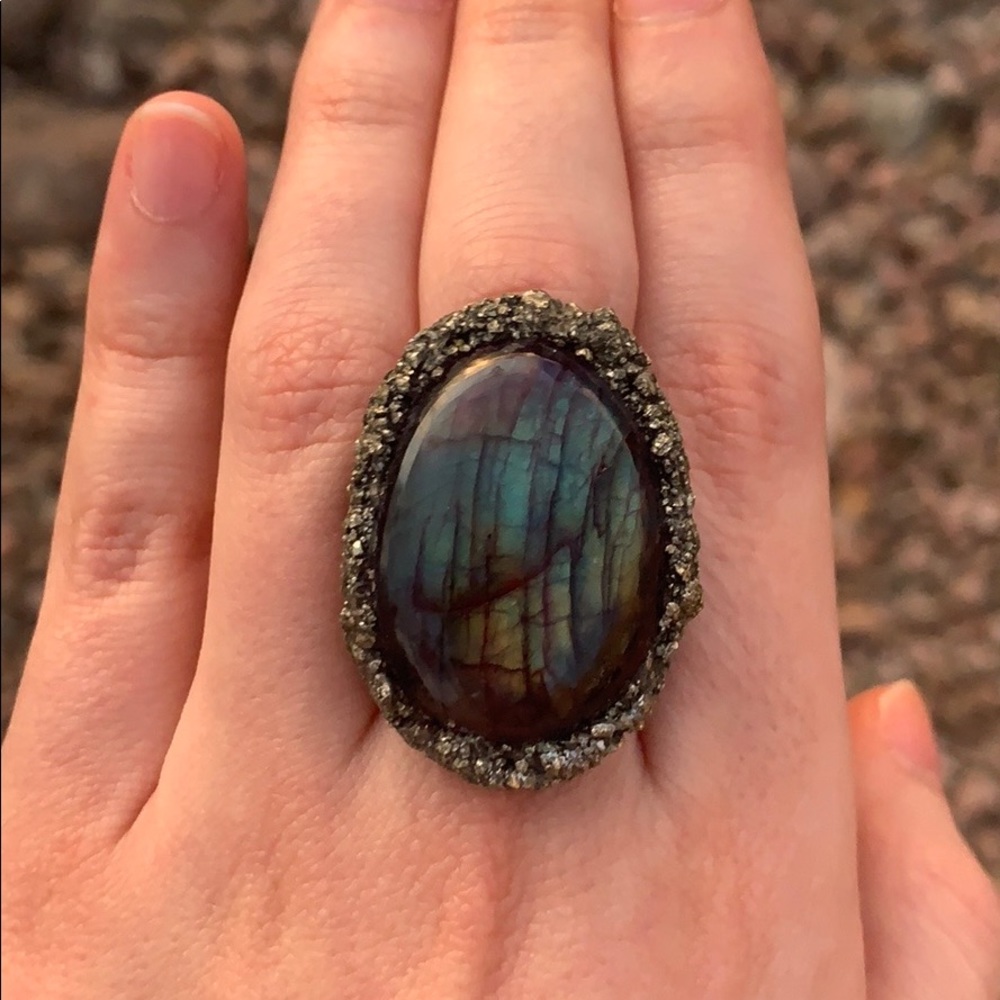 Fire Labradorite Pyrite Brass Ring